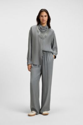 Wide-leg trousers with logo jacquard, Grey