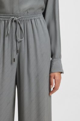Wide-leg trousers with logo jacquard, Grey