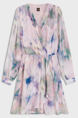 Butterfly-print wrap-style dress in crepe Georgette, Patterned