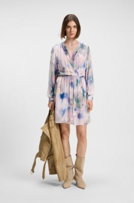 Butterfly-print wrap-style dress in crepe Georgette, Patterned