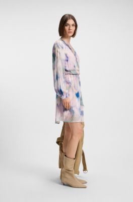 Butterfly-print wrap-style dress in crepe Georgette, Patterned