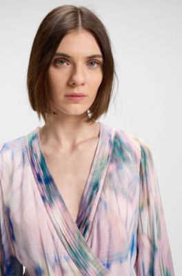 Butterfly-print wrap-style dress in crepe Georgette, Patterned