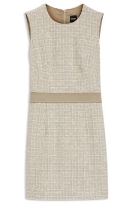 Cotton-blend tweed dress with contrast waistband, Beige Patterned