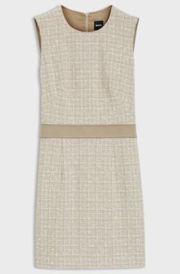 Cotton-blend tweed dress with contrast waistband, Beige Patterned