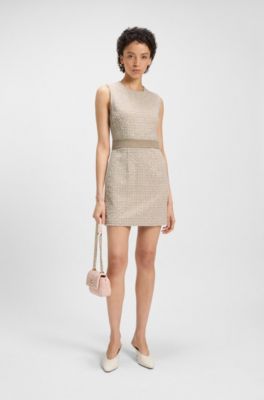 Cotton-blend tweed dress with contrast waistband, Beige Patterned