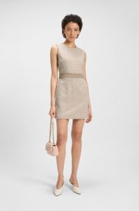 Cotton-blend tweed dress with contrast waistband, Patterned