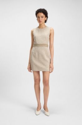 Cotton-blend tweed dress with contrast waistband, Beige Patterned