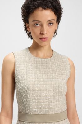 Cotton-blend tweed dress with contrast waistband, Beige Patterned