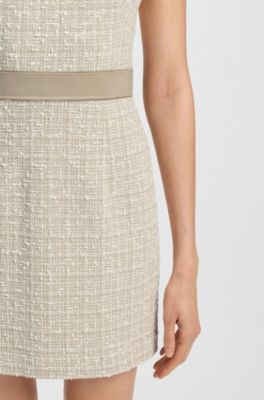 Cotton-blend tweed dress with contrast waistband, Beige Patterned