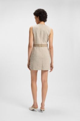 Cotton-blend tweed dress with contrast waistband, Beige Patterned