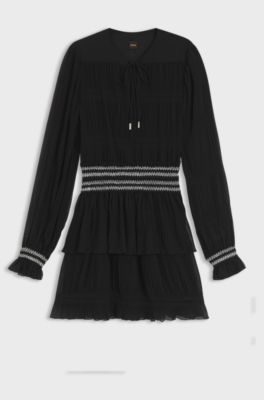 Pliss&eacute; dress with smock-stitched waistband, Black