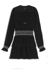 Plissé dress with smock-stitched waistband, Black