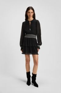 Plissé dress with smock-stitched waistband, Black