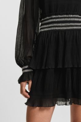 Pliss&eacute; dress with smock-stitched waistband, Black