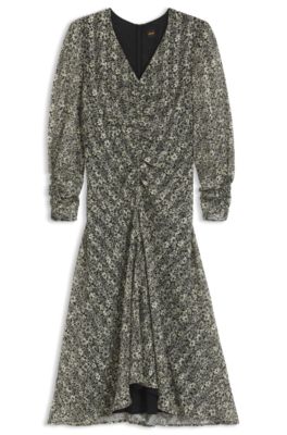 Printed-seersucker midi dress with gathered details, Grey Patterned