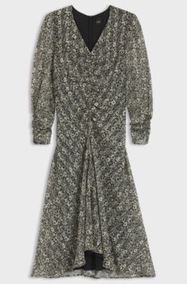 Printed-seersucker midi dress with gathered details, Grey Patterned