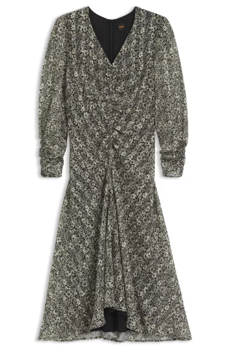 Printed-seersucker midi dress with gathered details