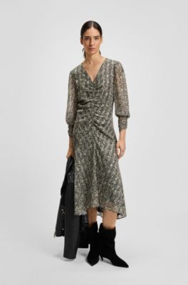 Printed-seersucker midi dress with gathered details, Grey Patterned
