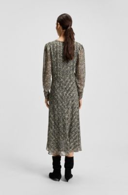 Printed-seersucker midi dress with gathered details, Grey Patterned