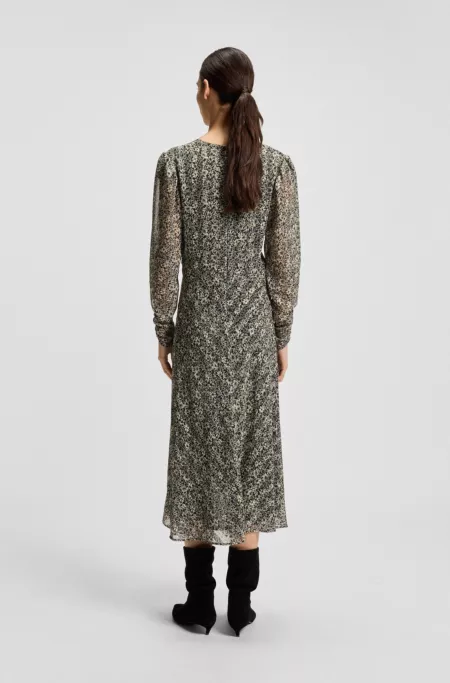 Printed-seersucker midi dress with gathered details