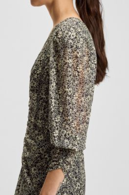 Printed-seersucker midi dress with gathered details, Grey Patterned