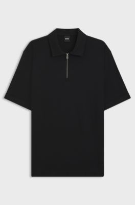 Zip-neck polo shirt with piqu&eacute; weave, Black