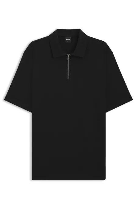 Zip-neck polo shirt with piqué weave