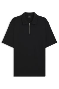 Zip-neck polo shirt with piqué weave, Black