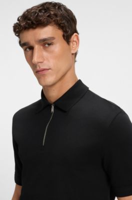 Zip-neck polo shirt with piqu&eacute; weave, Black