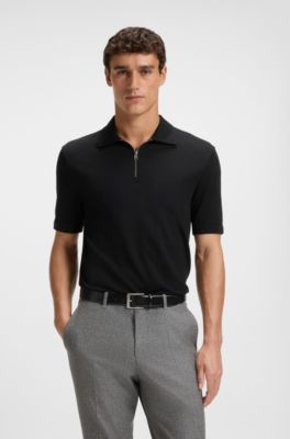 Zip-neck polo shirt with piqu&eacute; weave, Black