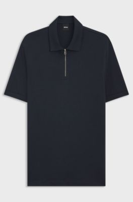 Zip-neck polo shirt with piqu&eacute; weave, Dark Blue