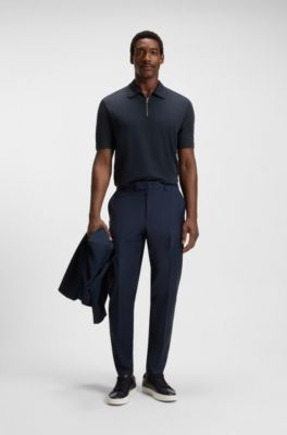 Zip-neck polo shirt with piqu&eacute; weave, Dark Blue