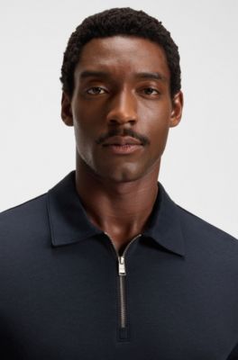 Zip-neck polo shirt with piqu&eacute; weave, Dark Blue