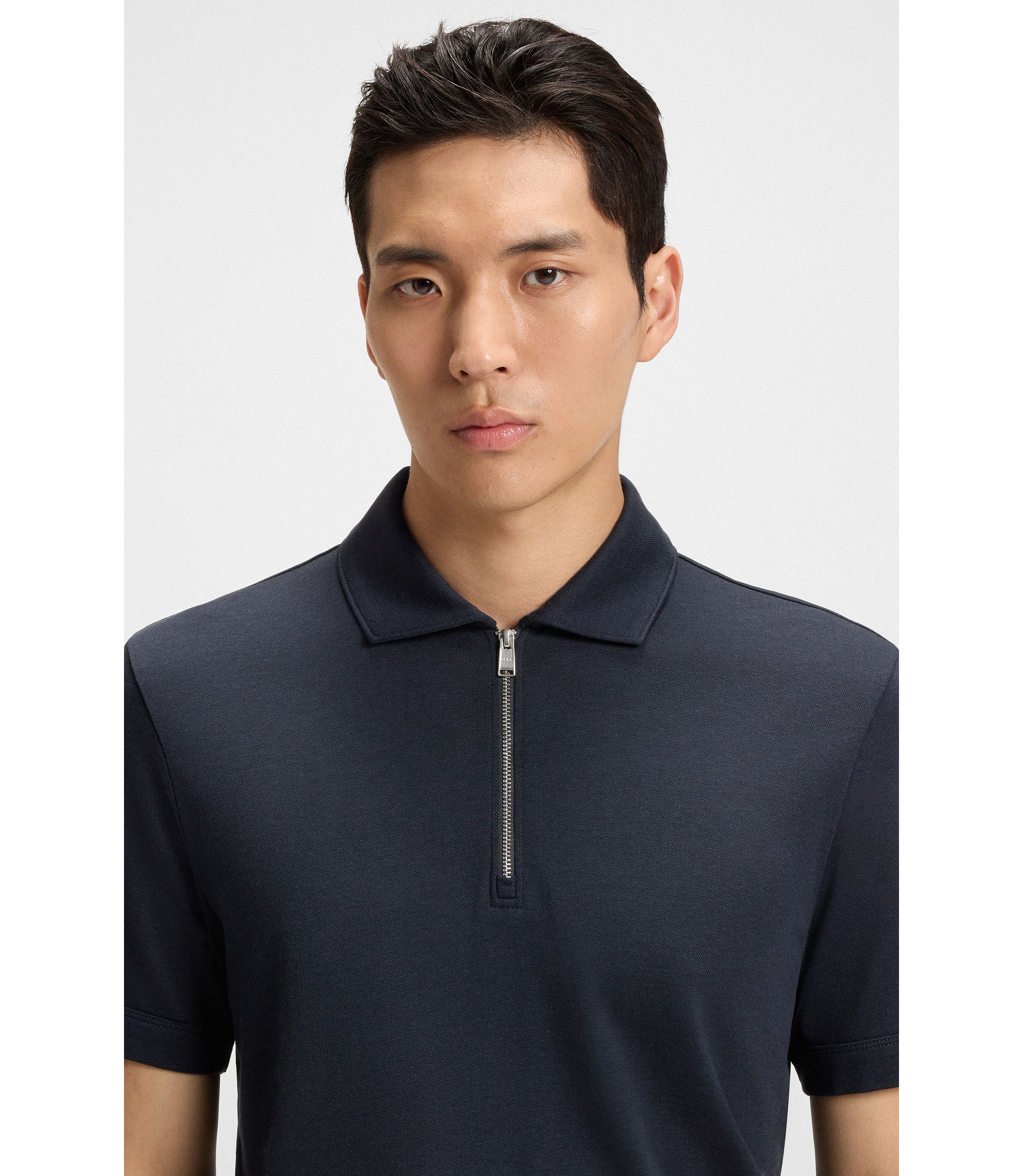 BOSS - ジップネック ポロシャツ ピケニット - ダークブルー BOSS - ジップネック ポロシャツ ピケニット - ダークブルー