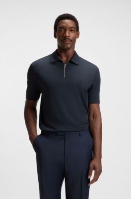 Zip-neck polo shirt with piqu&eacute; weave, Dark Blue