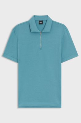 Zip-neck polo shirt with piqu&eacute; weave, Light Blue
