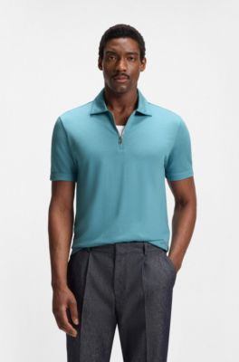 Zip-neck polo shirt with piqu&eacute; weave, Light Blue