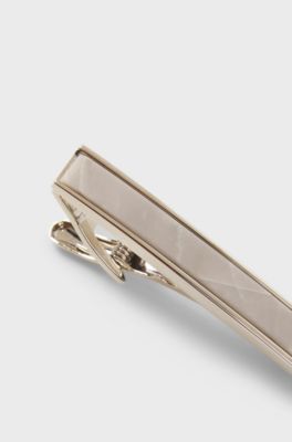 Brass tie clip with marble insert, Silver