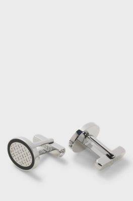 Oval brass cufflinks with monogram centre, Black