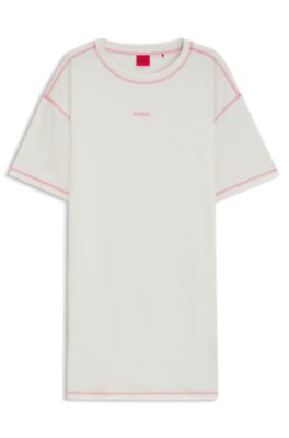 Stretch-cotton nightdress with contrast logo, Natural