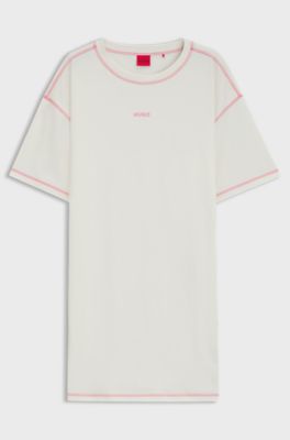 Stretch-cotton nightdress with contrast logo, Natural