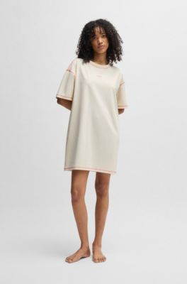 Stretch-cotton nightdress with contrast logo, Natural