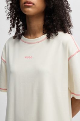 Stretch-cotton nightdress with contrast logo, Natural