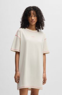 Stretch-cotton nightdress with contrast logo, Natural