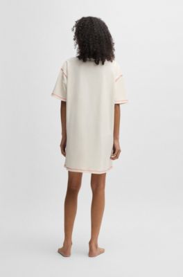 Stretch-cotton nightdress with contrast logo, Natural