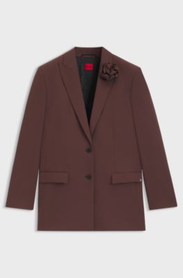 Relaxed-fit blazer with flower brooch, Dark Brown