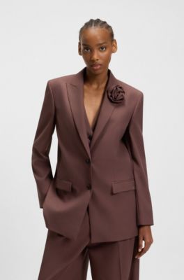 Relaxed-fit blazer with flower brooch, Dark Brown