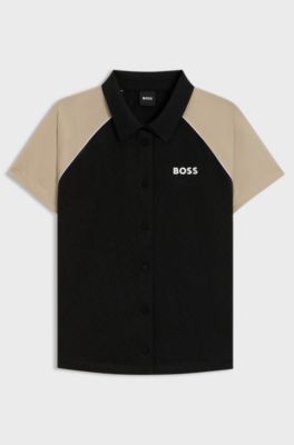 Active button-up top with monogram jacquard fabric, Black / Beige