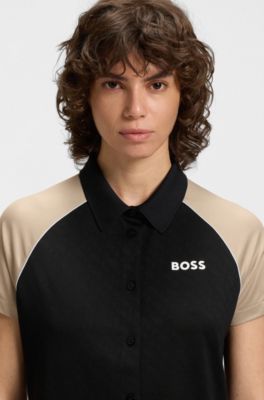 Active button-up top with monogram jacquard fabric, Black / Beige