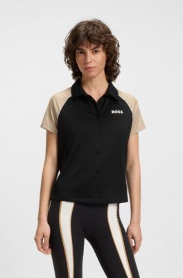 Active button-up top with monogram jacquard fabric, Black / Beige